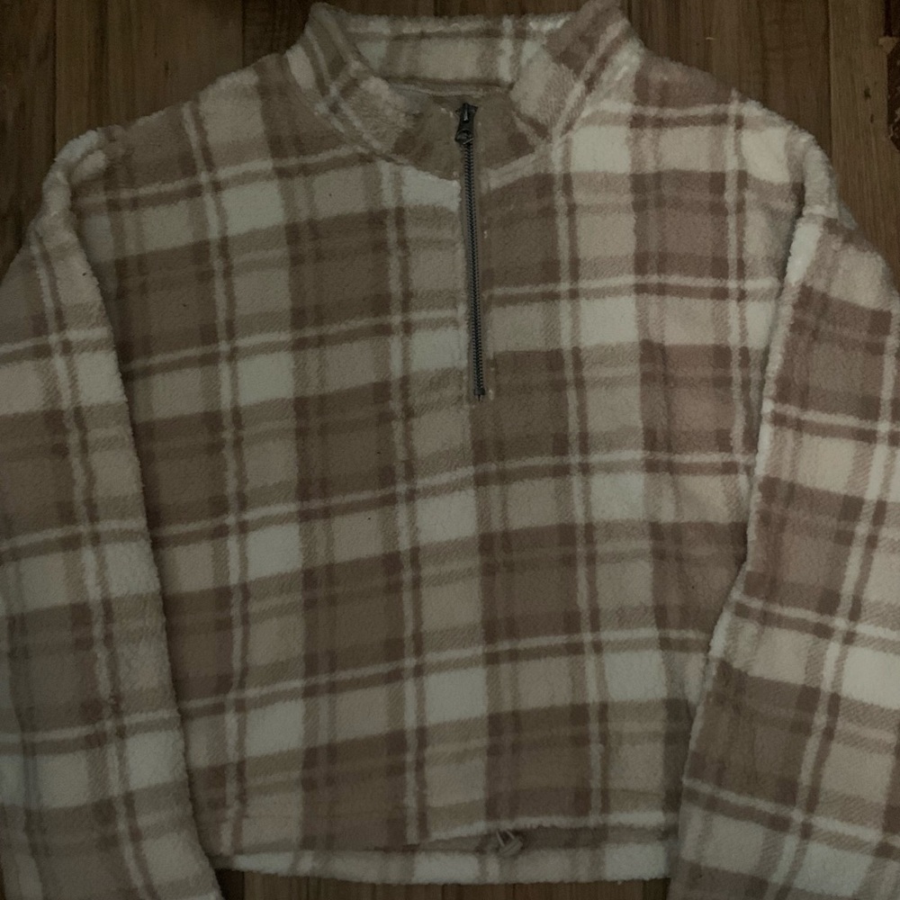 cream and white plaid jacket